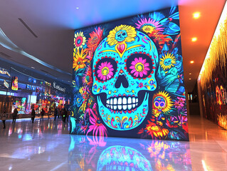 mexican day of the dead digital caricature ofrenda inside a giant led screen, colorful with a 2026 World Cup