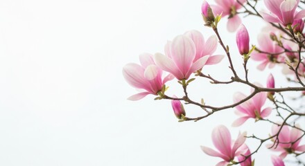 Pink magnolia blossoms blooming on a branch against a white background