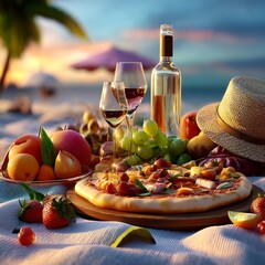Realistic Image of Picnic Table with Wine and Hat for Ferragosto
