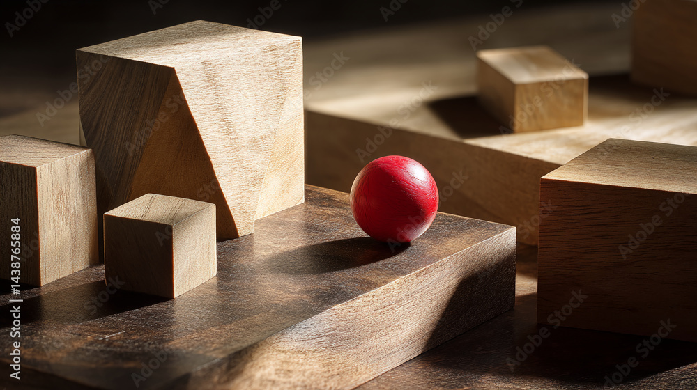 Poster Red sphere on wooden geometric shapes showcase, illuminated by sunlight, creating a minimalist and modern scene ideal for product display or advertisement
