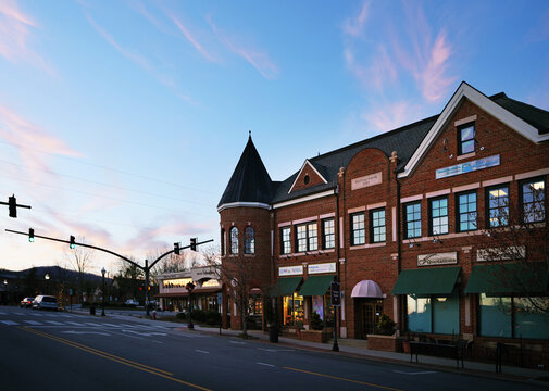 Brevard, NC - USA - 03-19-2025: Shops and restaurants in downtown Brevard
