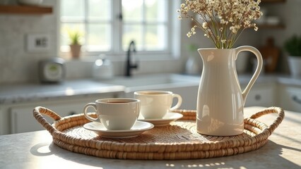 Fototapeta premium Sunlit kitchen setting with teacups and flowers on wicker tray