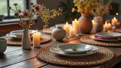 Cozy candlelit dinner setup with floral arrangements on rustic wooden table