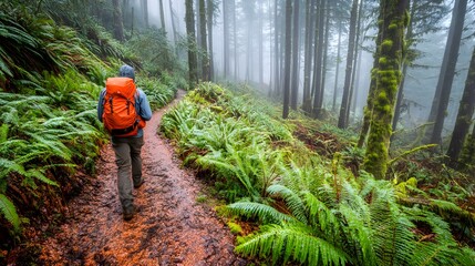 A lone hiker with an orange backpack walks a muddy trail through a misty, lush green forest on a rainy day.