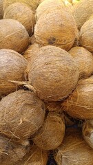 A cluster of fresh coconuts with rough, fibrous husks piled together, showcasing their natural texture and earthy tones.