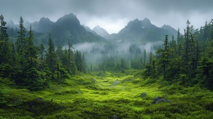 Green mountain forest. Mist rises above the trees. Bright meadow in foreground. Mountains tower in background. Cloudy sky and nature scenery.