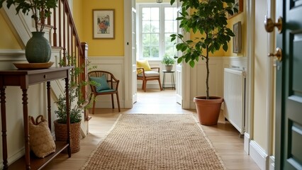 Sunlit cozy hallway with plants and woven rug leading to bright sitting area