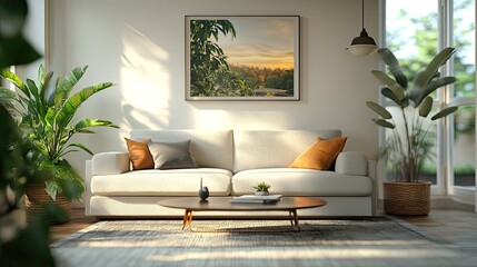 Workspace with a notebook laptop mockup on a blurred living room background.
