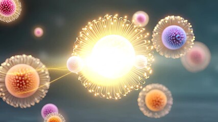 Early infection phase, virus replication cycle injecting genetic material into host cells, early stage virus replication cycle animation visual, microscopic breakdown of virus replication cycle