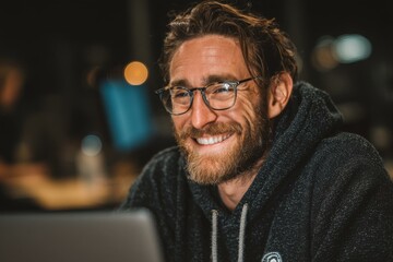 Obraz premium Smiling Man with Beard and Glasses Working on Laptop in Dimly Lit Room with a Positive Expression