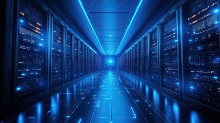 Digital cloud icon in a blue, cyber-inspired big data center, symbolizing data storage and transfer.
