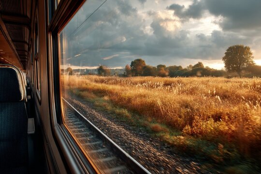 Scenic railroad journey with vibrant meadow view outside train window during travel, observing picturesque landscape