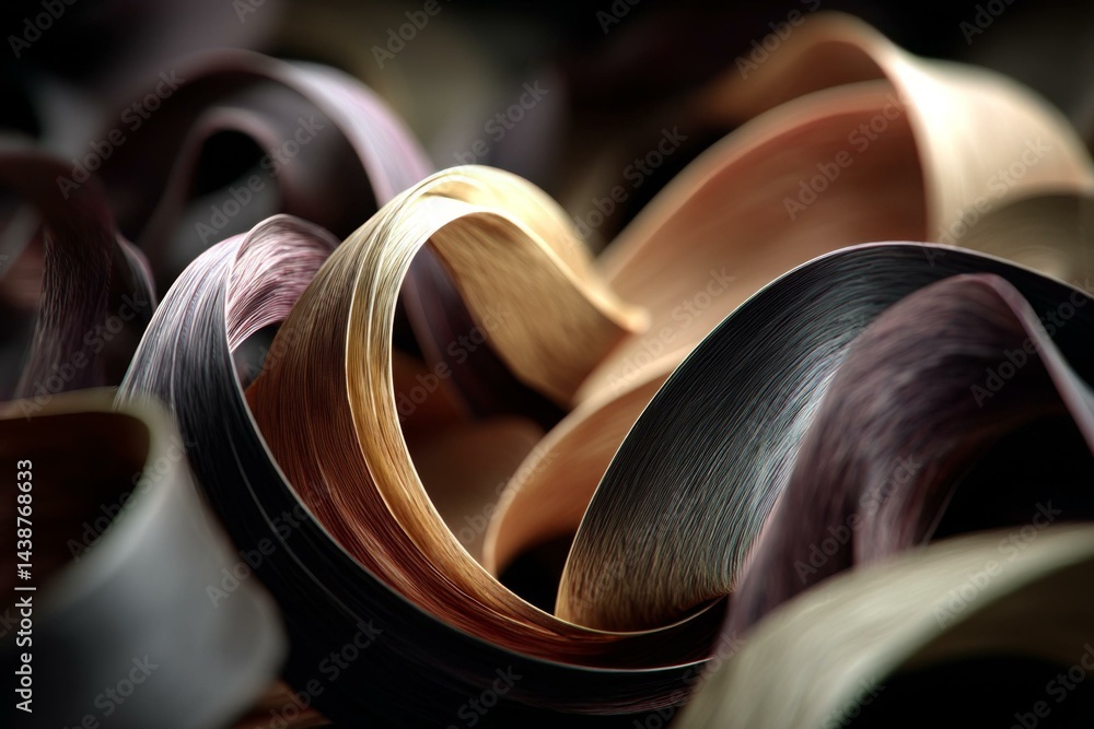 Poster intricate abstract forms with layered metallic paper strips and delicate curved structures, capturin