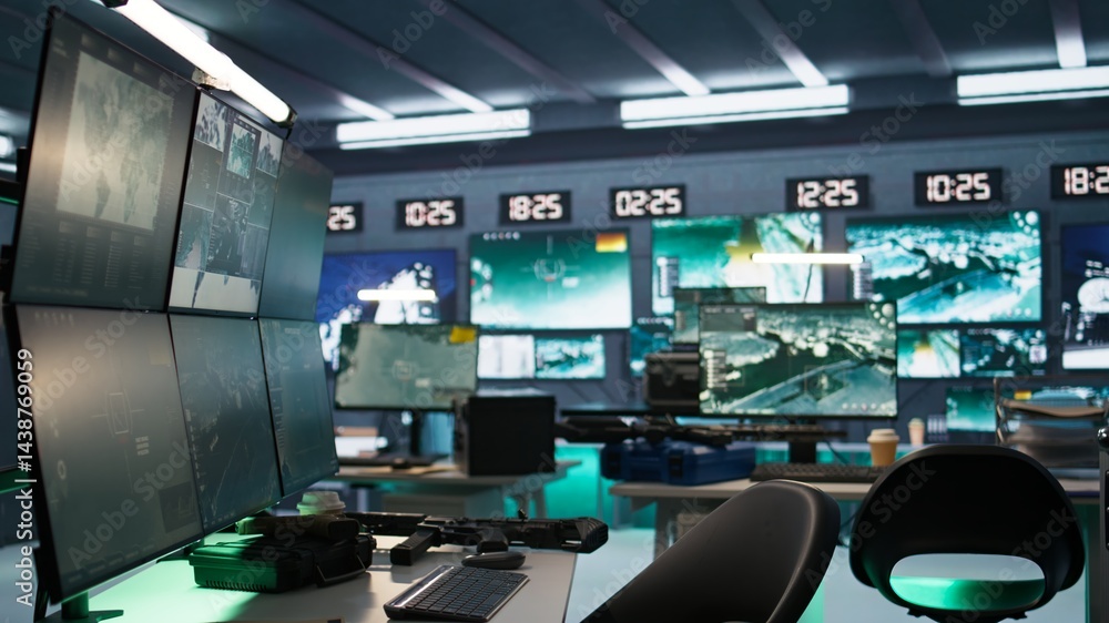 Poster advanced technology devices in army governmental establishment used for surveillance monitoring. emp