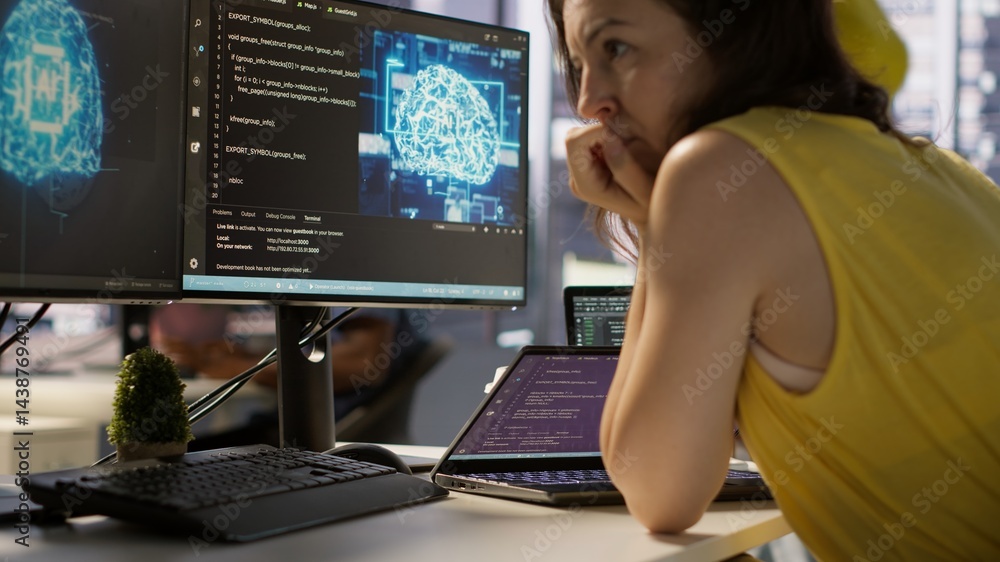 Poster hacker in office using laptop to steal company secrets, doing data breach, hiding from manager. empl