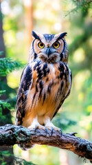 Fototapeta premium Great Horned Owl perched on a branch in a forest