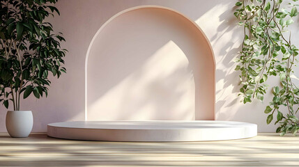 Minimalist scene with a terracotta wall, a round marble podium, and potted plants with green leaves. The podium is positioned in front of an archway, with shadows of the plants on the wall