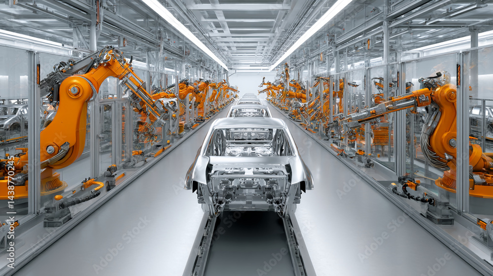 Poster assembly line showcasing car chassis moving between robotic arms, representing automated manufacturi