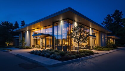 Fototapeta premium Modern building illuminated at night exterior view.