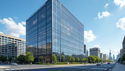 Modern glass building with clear blue sky.