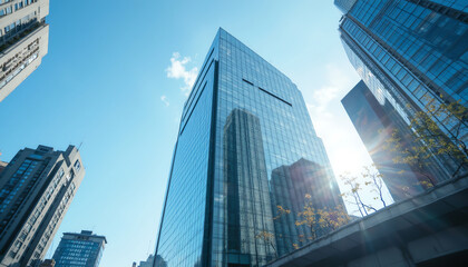 Fototapeta premium Modern skyscraper reflecting sunlight in cityscape.
