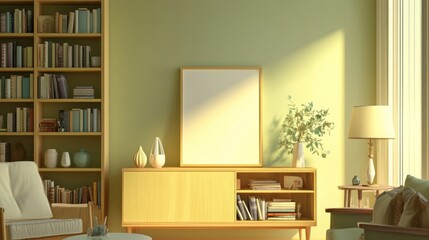 Sunny living room with mid-century modern furniture, bookshelves, and blank poster mockup