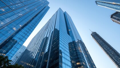 Fototapeta premium Modern skyscrapers towering against a clear sky.