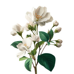 Obraz premium Botanical illustration of white flowers with green leaves in elegant composition, clear background --v 7.0