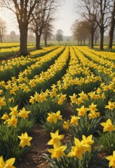 Sunlit daffodil field, vibrant yellow blooms, spring countryside, fresh, nature, spring