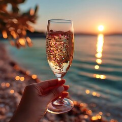 Realistic Image of Sparkling Wine Glass by Sea for Ferragosto Night Poster