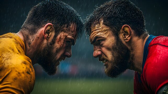 Two muddy rugby players intensely face each other du a fierce and dramatic rain-soaked match showcasing grit and determination.