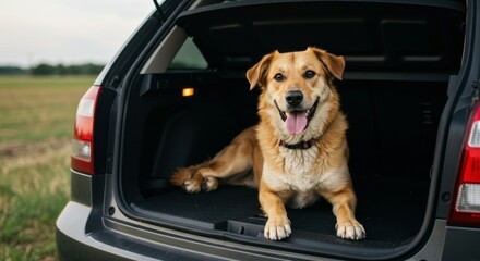 Road adventure dog laying in car boot, nature view.