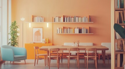 Modern apartment dining room, bookshelves, peach wall, sunlight