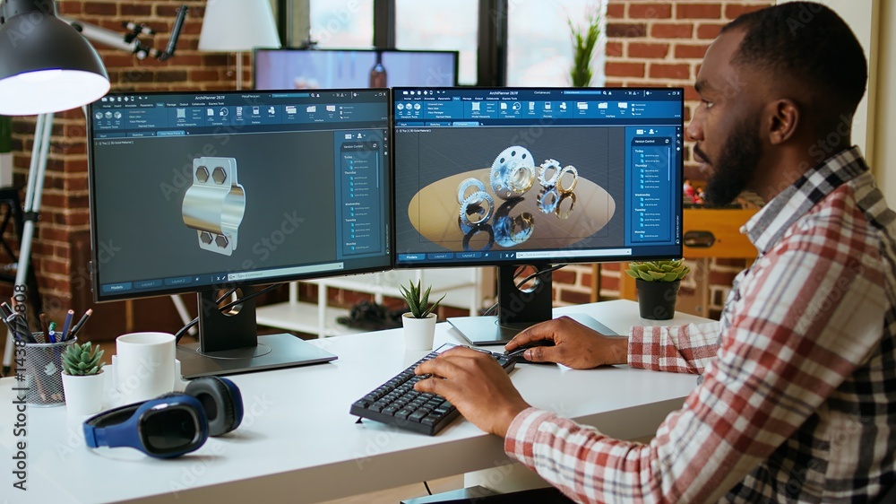 Poster african american designer uses 3d modeling tools and cad software for industrial projects. working o