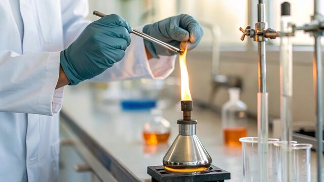 In a laboratory, a person wearing blue gloves holds a glass test tube over a bright orange flame, supported by laboratory equipment, with blurred glassware in the background, suggesting scientific - Powered by Adobe