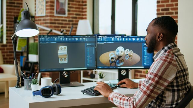Engineer designs a turbine in an industrial office using CAD software. Working from home with dual monitors and tools for 3D rendering, boosting productivity and technical precision. Camera A.