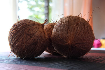 Two coconuts on a table receiving the sun in Costa Rica