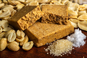 Brazilian peanut candy, known as Paçoca or Paçoquinha, with the basic ingredients of the composition, peanuts, sugar and salt.
