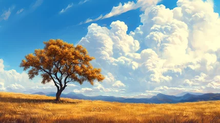  Golden Autumn Tree Landscape Peaceful Sunny Sky Meadow Scenery Serene Nature Beautiful Fall Colors Vibrant Yellow Leaves Tranquil Rural View           © Harry