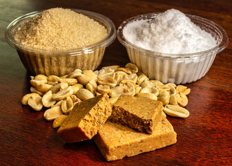 Brazilian peanut candy, known as Paçoca or Paçoquinha, with the basic ingredients of the composition, peanuts, sugar and salt.
