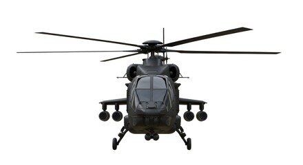 High-resolution 3D render of a modern black military helicopter, centered on a white background