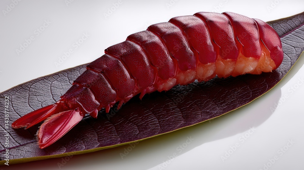 Poster deep red tuna fillet sliced in neat rows on black ceramic surface with directional light showcasing 