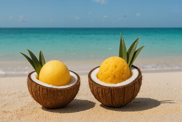 Generated Image of Ice cream or sorbet presented in halved coconuts on the summer sandy beach on a tropical resort vacation, relaxation by the sea