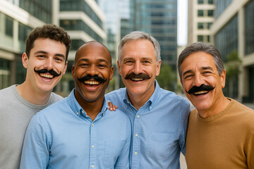 Happy multiethnic men with fake mustaches smiling outdoors in urban setting