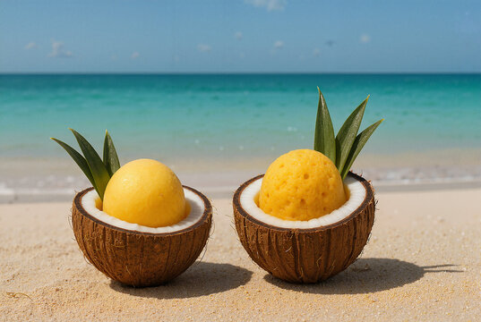 Generated Image of Ice cream or sorbet presented in halved coconuts on the summer sandy beach on a tropical resort vacation, relaxation by the sea