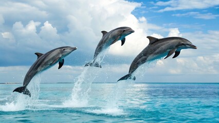 Three dolphins leap in unison out of the clear blue ocean with water spray, set against a bright sky with white clouds, capturing the joy and freedom of marine life in their natural environment.
