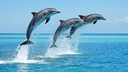 Fototapeta premium Dolphin acrobats: three dolphins leaping from the ocean. 