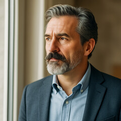 Middle-aged Caucasian businessman with mustache looking out window thoughtfully