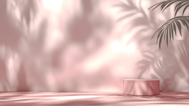 Pink podiums 3d background with podium. Pink room with a shelf and a window with sunlight streaming through. The sunlight casts shadows on the wall and floor, creating a warm and inviting atmosphere.