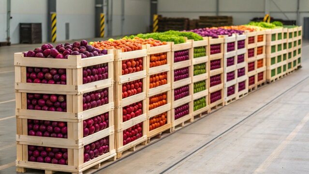 Long rows of stacked wooden crates are filled with a colorful variety of fresh vegetables and some fruits in a large warehouse or distribution center, illustrating the scale of agricultural output and